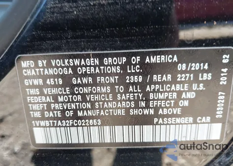 2015 Volkswagen Passat 1.8T Se из США, поврежденный, VIN 1VWBT7A32FC022653